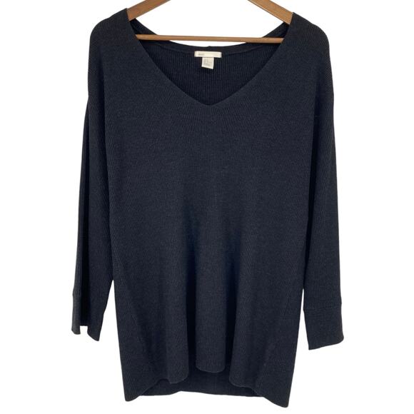 H&M BASIC Oversized V Neck Wool Blend Sweater Size Medium Charcoal Gray Ribbed - Picture 1 of 5